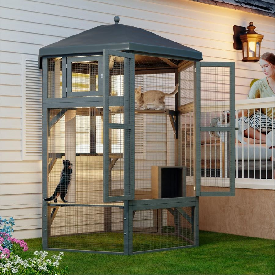 Recinto para Gatos ao Ar Livre, Catio Grande Interno para Vários Gatos com Acesso à Janela e Teto Impermeável, Inclui Casa para Gatos, Mul