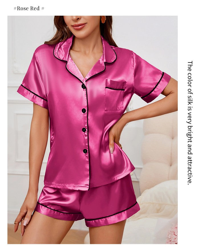 Luxurious Satin Pajama For Women Turn-down Collar Button Top & Shorts Sleepwear & Loungewear for Summer Home Clothes Suit