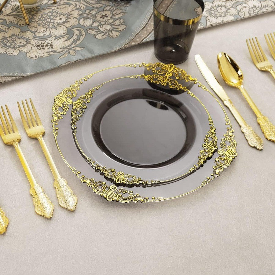 175pcs Clear Black Plastic Plates with Gold Accents Premium Disposable Dinnerware Set for 25 Guests Featuring 50 Plates 75 Gold