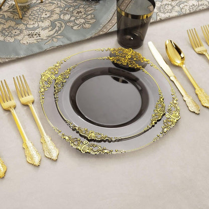 175pcs Clear Black Plastic Plates with Gold Accents Premium Disposable Dinnerware Set for 25 Guests Featuring 50 Plates 75 Gold