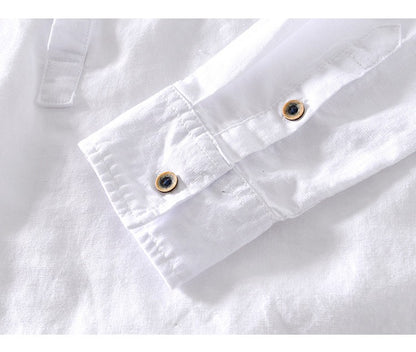 2024 Men's Linen Long-sleeved Shirt with Stand Collar, Youth Casual Loose Men's Cotton and Linen White Shirt.Beach Vacation Top