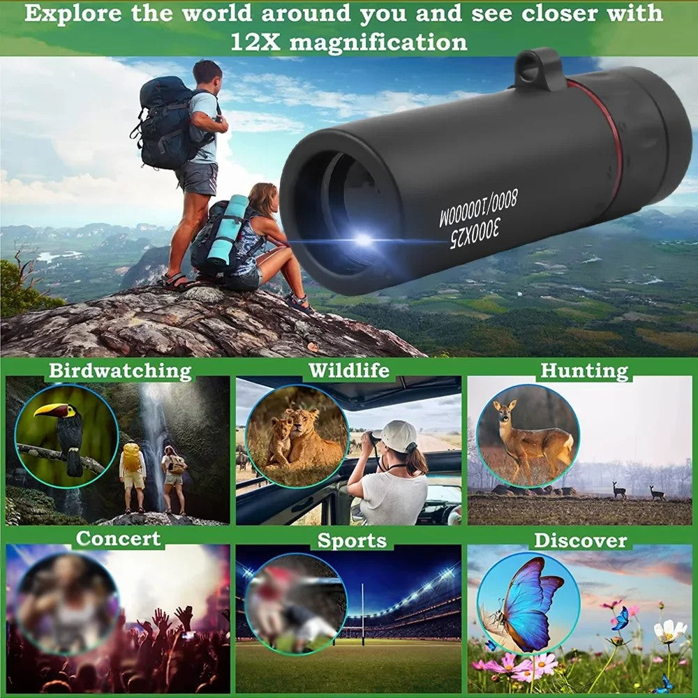 Monóculo de 3000x25 com Zoom HD, Monóculo Profissional para Adultos e Mini Telescópio Portátil, Adequado para Acampamento e Caça ao Ar Livre