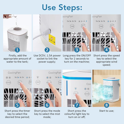 Ar Condicionado Portátil Ventilador de Mesa Spray Duplo Atomização Ultrassônica 3/4 Velocidades Silencioso Refrigerador de Ar Luz Noturna Ventilador Elétrico Doméstico