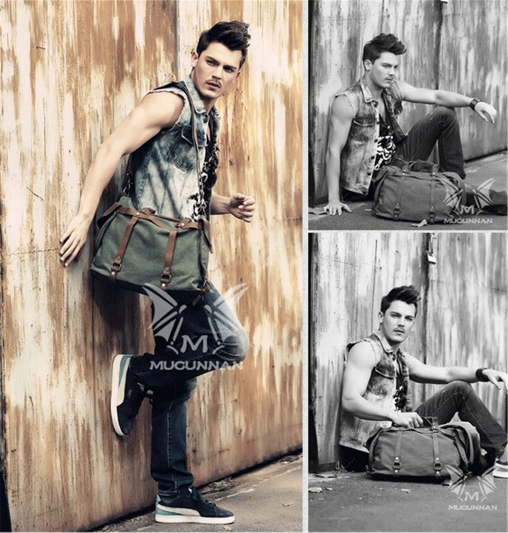 Vintage Military Canvas + Genuine Leather Men Shoulder Bag Sling Crossbody Bag Tote Handbag Men Canvas Messenger Bag  Leisure