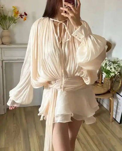 Beige Top Solid Blouse Mini Dresses For Women V Neck Long Sleeve Spliced Lace Up