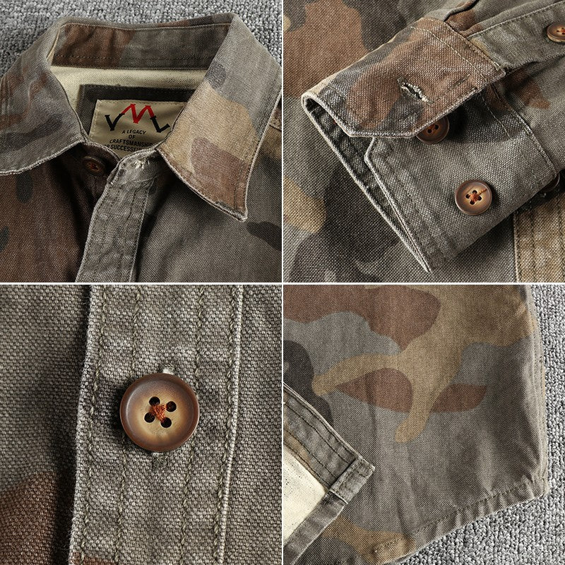 2024 Autumn and Winter New American Retro Woven Camouflage Cargo Shirt Men's 100% Cotton Washed Old Double Pockets Thin Jacket