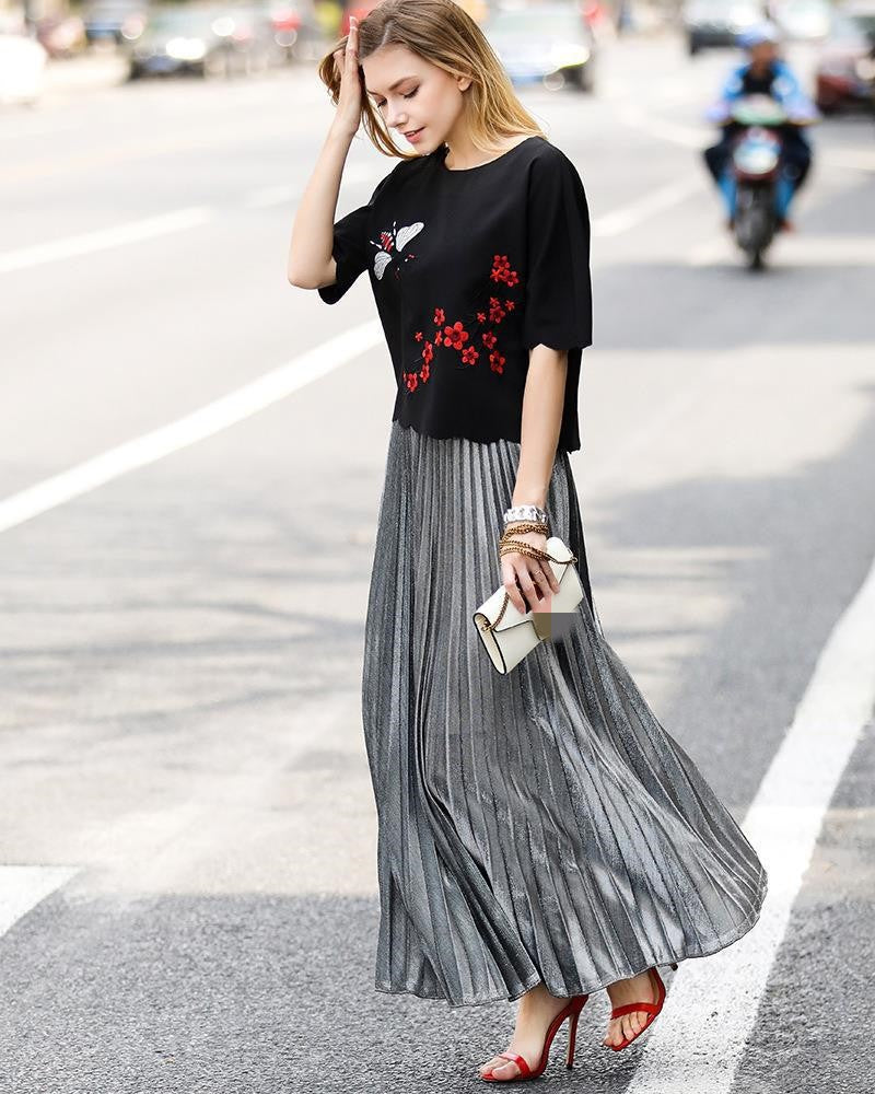 Check Skirt Pleated Maxi Skirt High Waist Harajuku Large Swing Gold Long Skirts For Women  XXL Saias