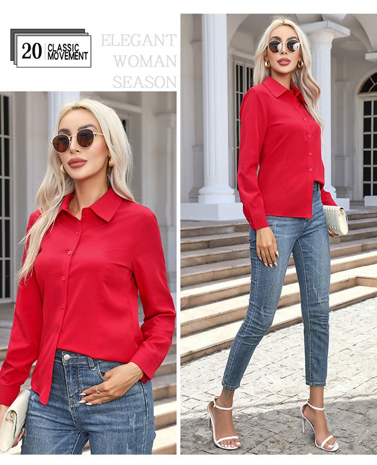 1pcs Woman Spring Autumn Solid color Shirts Lady Casual Long Sleeve Turn-down Collar Loose Shirt Female Fashion Temperament Tops