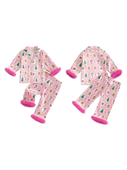 Girls Christmas Satin Pajama Set with Reindeer Print Lapel Long Sleeve Button Down Top and Matching Pants Sleepwear