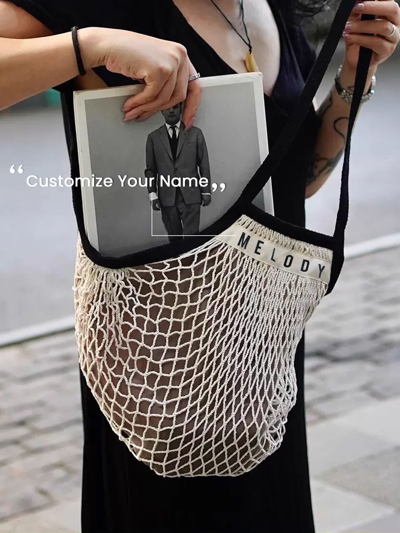 1PCS Personalised Name Mesh organic Cotton Bag with Long handle Reusable Washable Beach Bag Organizer for Shopping Grocery Bag