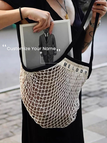 1PCS Personalised Name Mesh organic Cotton Bag with Long handle Reusable Washable Beach Bag Organizer for Shopping Grocery Bag
