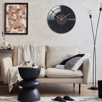 Creative Music Element Vinyl Record Pattern Tempered Glass Wall Clock Living Room Bedroom Kitchen Home Decoration Wall Clock Silent Quartz Clock Holiday Gift 12 Inches 14 Inches 16inch (Without Batteries)