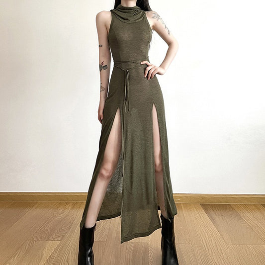 Goth Dark Cyber Gothic Desert Walker Hooded Dresses Y2k Punk Grunge Hollow Out M