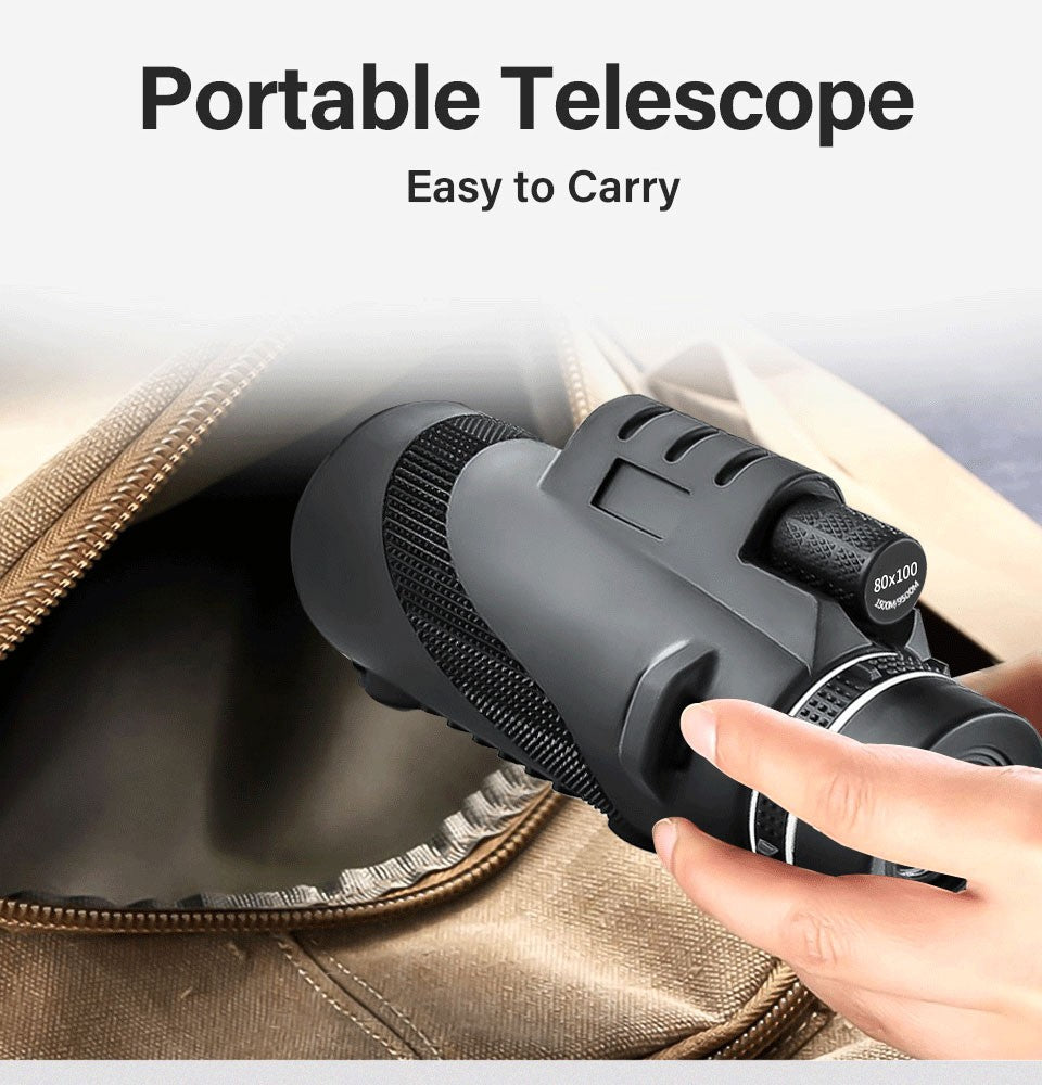 80x100 HD ZOOM Potente Telescópio Monocular Binóculos Portáteis Telescópio de Longo Alcance para Caça e Acampamento com Tripé e Suporte para Celular