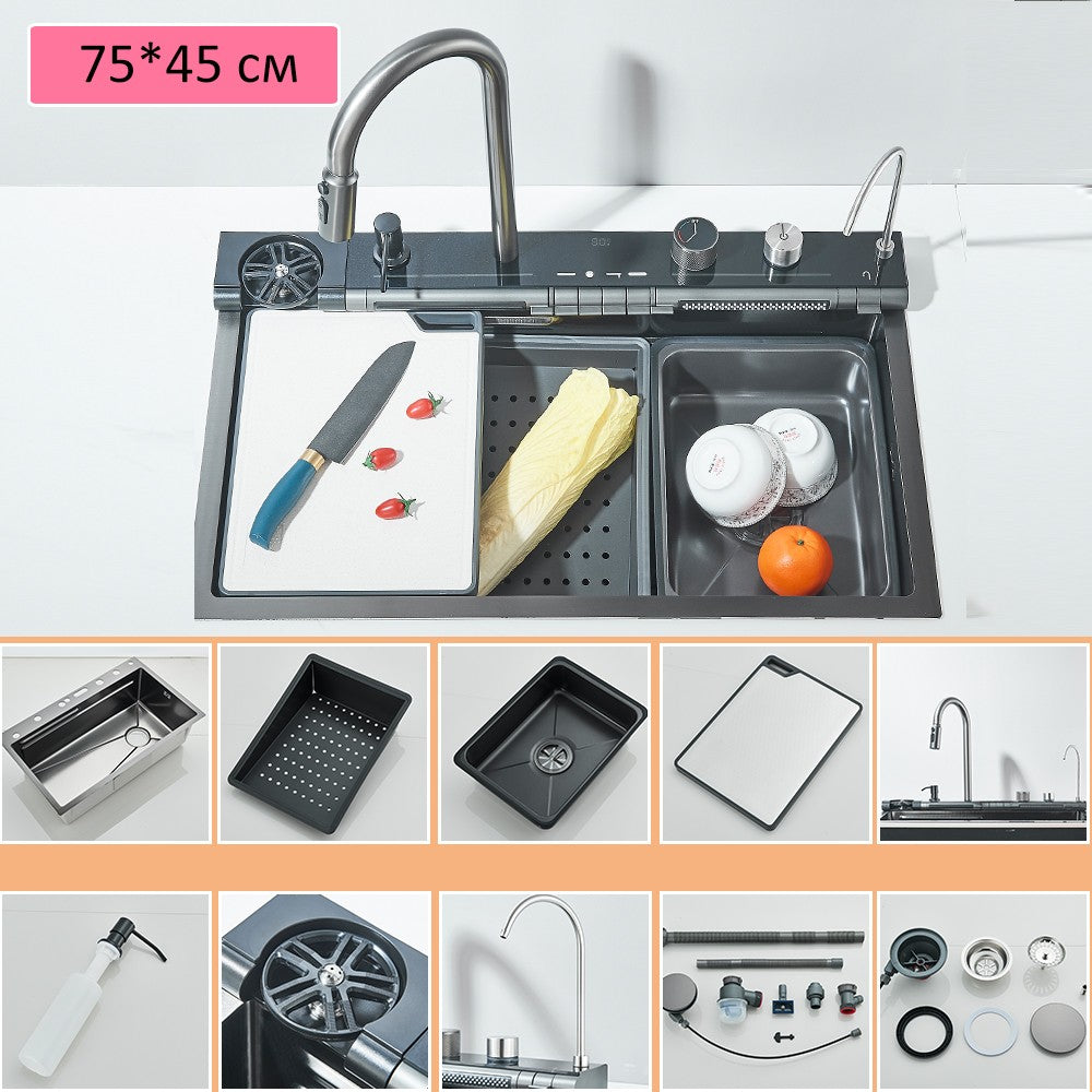 Large 304 Kitchen Sinks 75x45cm Stainless Steel Kitchen Waterfall Sink Digital Display Large Single Sink Dish Washer Faucet