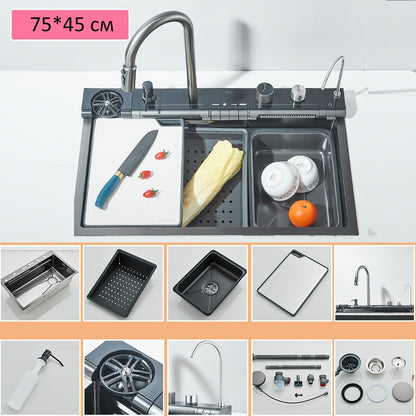 304 Stainless Steel Kitchen Sink Double Waterfall Single Slot Integrated Digital Display Faucet Set Soap dispenser Cup Washer