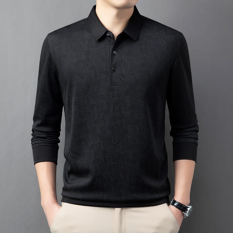New Men's Business Casual Long Sleeved Shirt with Badge Solid Color Polo Shirt Fashionable Breathable Comfortable Versatile Top