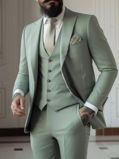 3 Piece Sage Green Men's Slim Fit Suits (Jacket+Vest+Pant) Wedding Groom Tuxedos Prom Formal Male Party Blazers