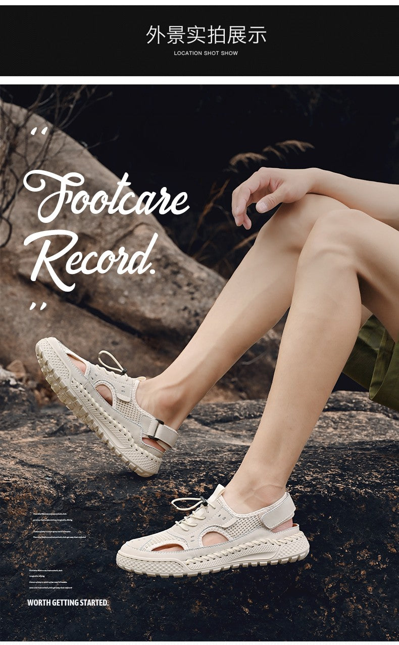 Sandals men's tide summer new style leather toe cap outdoor leisure sports hollow sandals beach shoes Handmade mesh men shoes