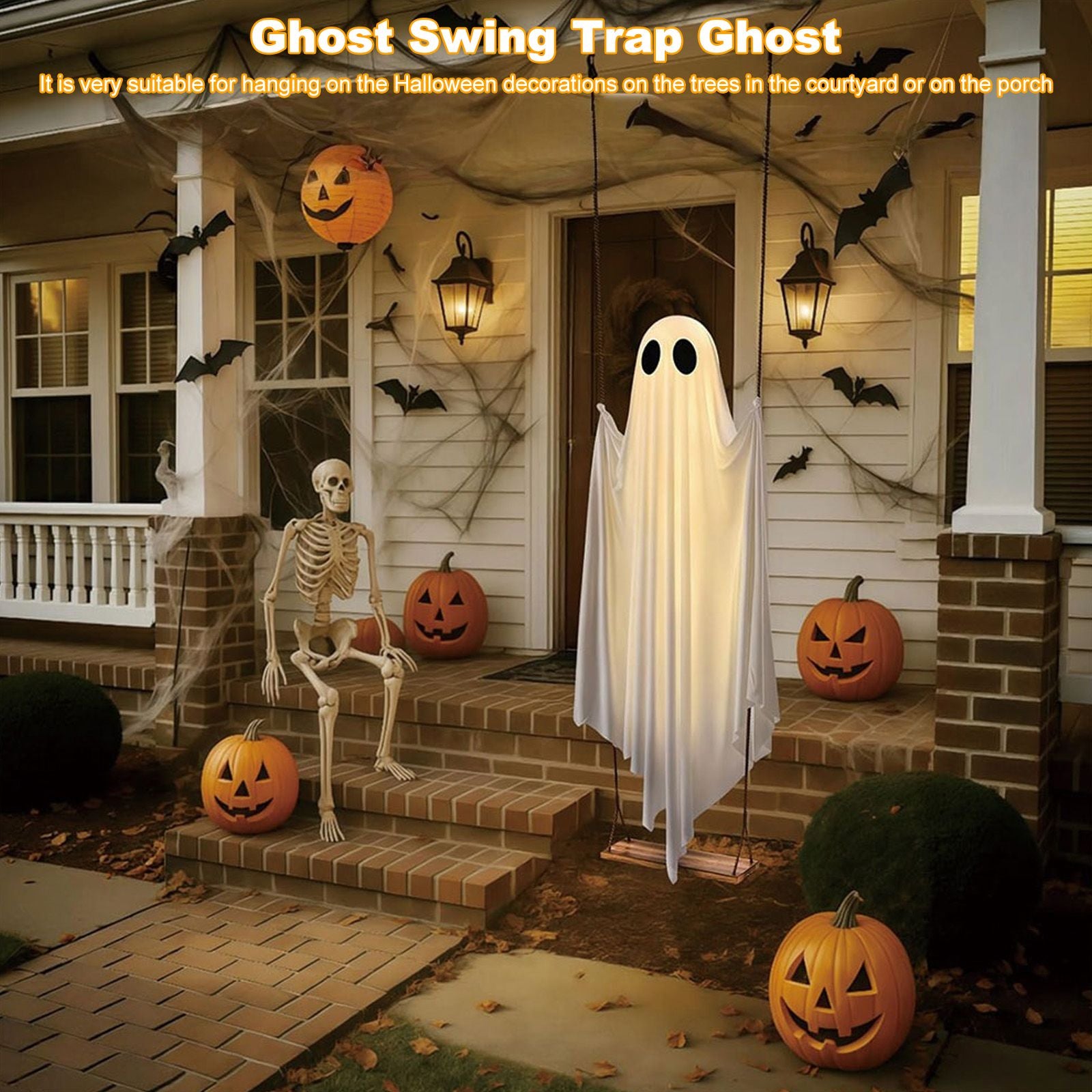 6FT Large Hanging Swing Ghost Halloween Decoration Cute White Ghost with String Light Spooky Ghost Ornament for Porch Yard Trees