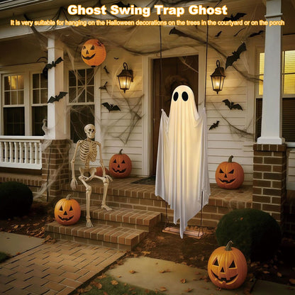 6FT Large Hanging Swing Ghost Halloween Decoration Cute White Ghost with String Light Spooky Ghost Ornament for Porch Yard Trees