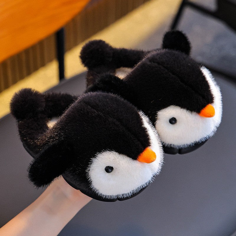 Cute Penguin Boys' Girls' Cotton Slippers 2025 New Winter Fashion Children's Eva Cotton Shoes Non Slip Warm Velvet Home Slippers