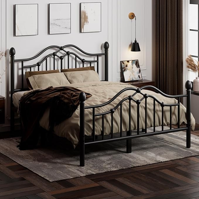 Estrutura de Cama de Casal de Metal com Cabeceira e Peseira, Estrutura de Cama Plataforma Moderna de Ferro Suporta até 544 kg, Armazenamento Embaixo da Cama, Sem