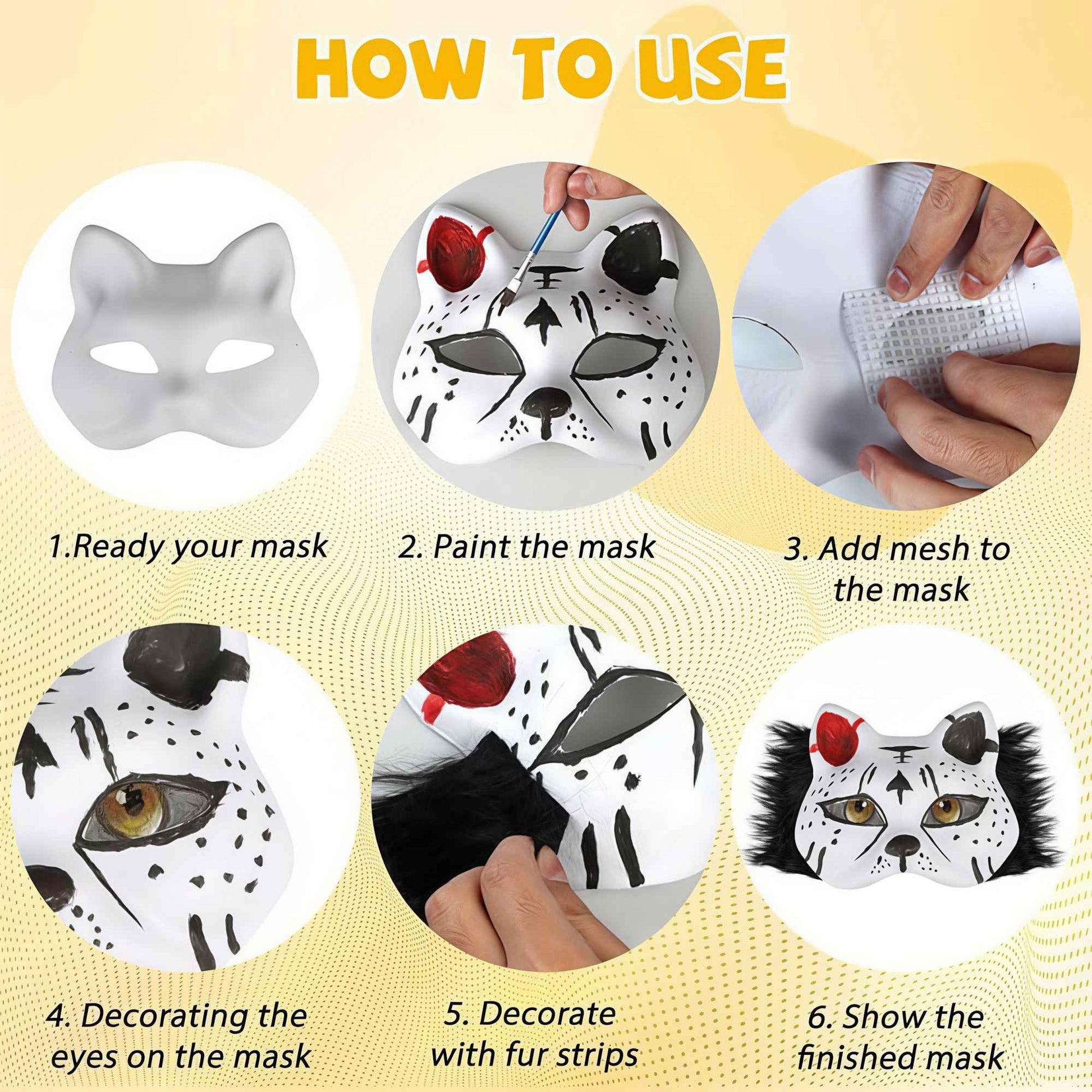 43 Pcs DIY Therian Mask Kit Half Face Hand-painted Cat Mask DIY Masks Blank White Cat Mask for Carnival Masquerade Cosplay Party