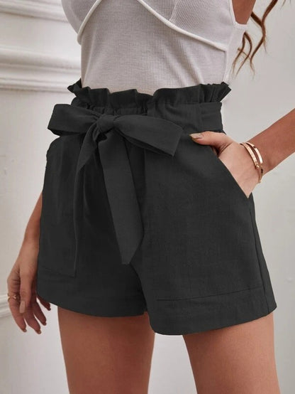 Europe and America Cross border New Summer Women's Loose Linen Casual Shorts Pockets Solid Large High Waist Wide Leg Pants