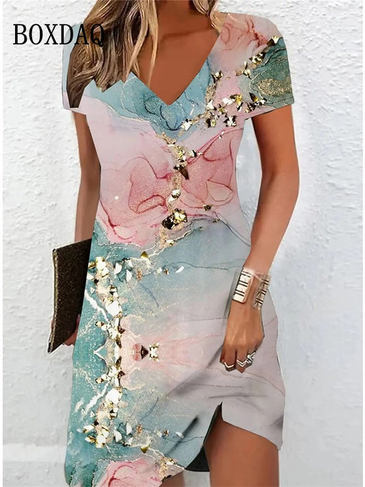 Women's Casual Dress Summer 2024 Marble Print V Neck Short Sleeve Midi Dress Tie