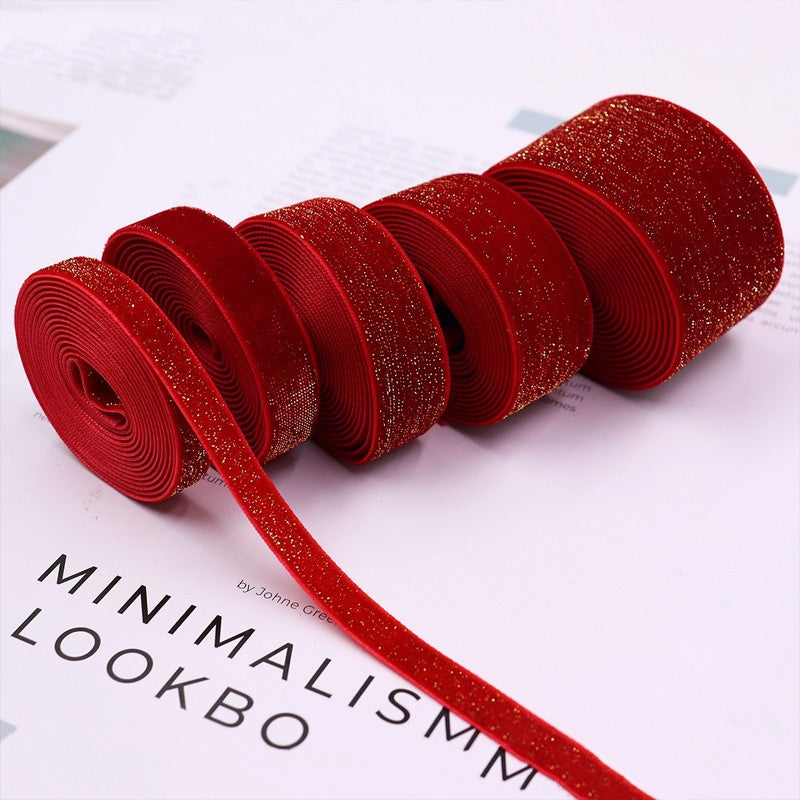 6/10/20/38mm Christmas Velvet Bow Gift Ribbon Packaging DIY New Year Red Velvet Gold Glitter Festival Ribbon for DecorationDD14