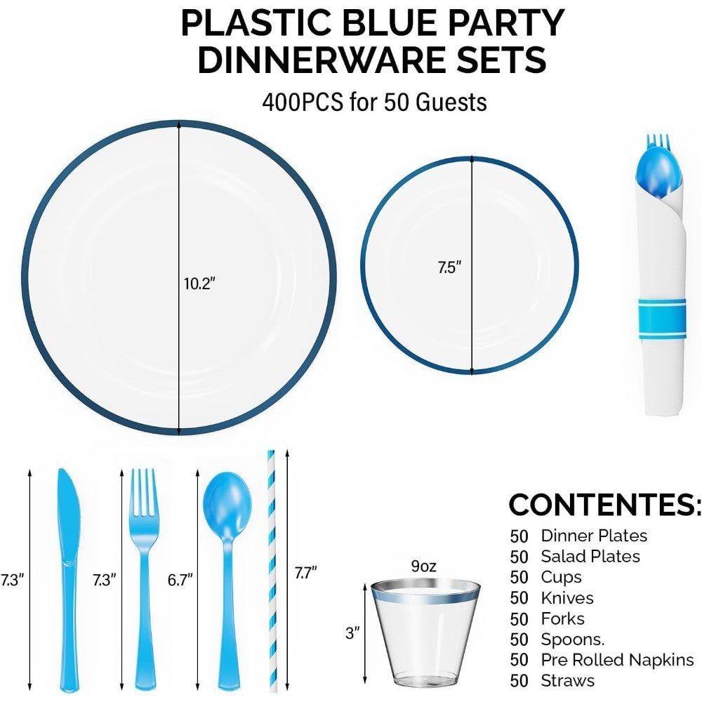 Elegante Conjunto de Pratos Descartáveis Azuis e Transparentes para Festa - Kit de Louça para 50 Convidados Novo