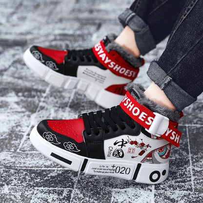 Mens Board Shoes 2025 Winter New High Top Winter Warm Casual Sports Shoes Flat Cotton Comfortable Outdoor Walking Shoes for Men