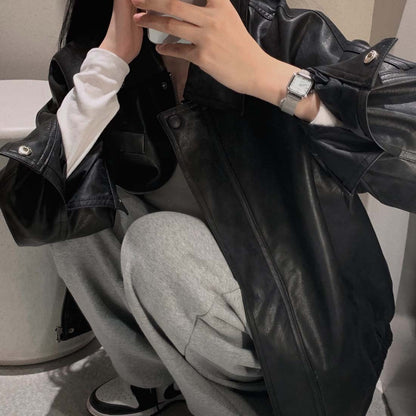 Sli Loose PU Leather Jaet Women's Chic Retro Collar Versatile BF Sle Motorcycle Clothes Trendy Long Sve Zipper