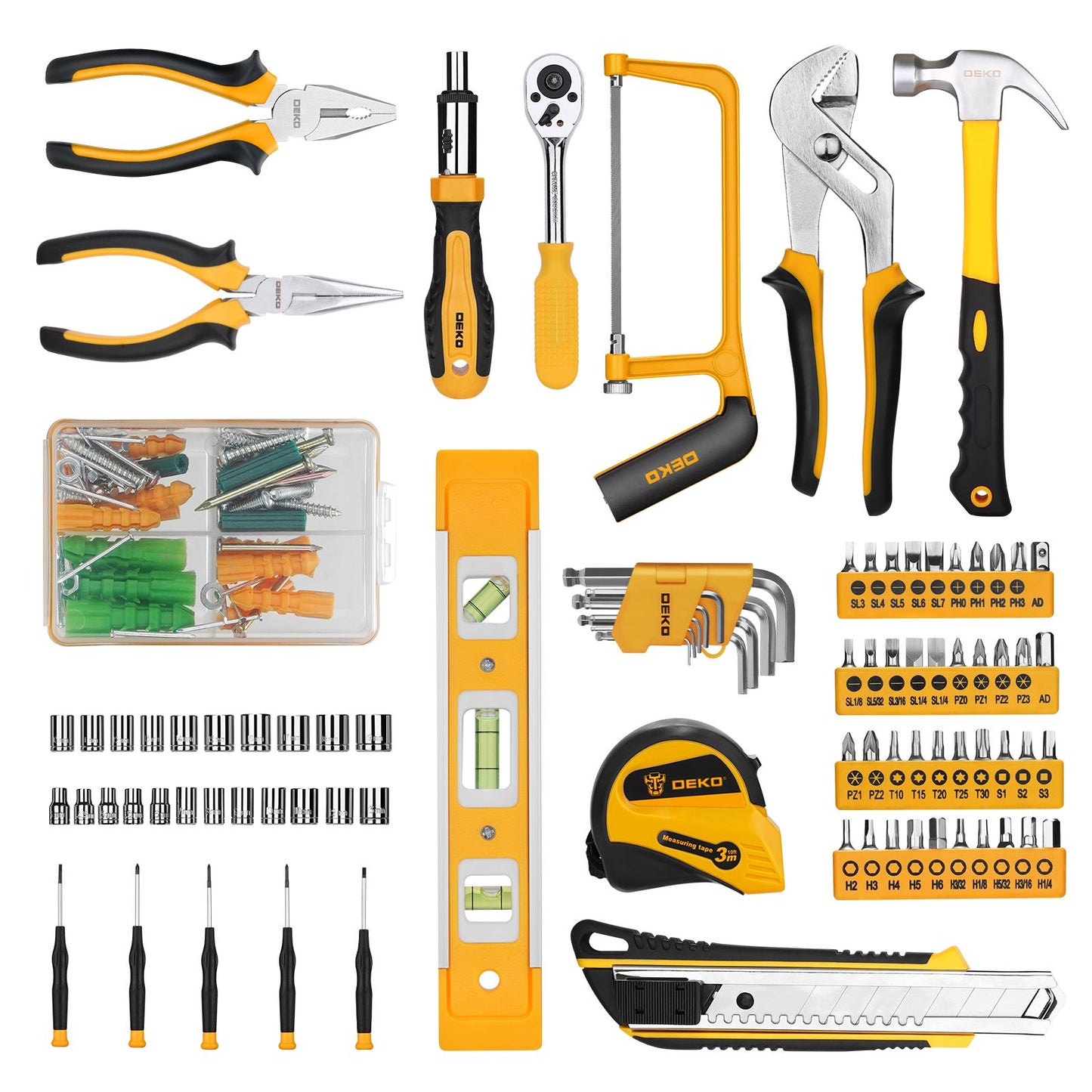 Conjunto de Ferramentas Manuais DEKO 228 Peças com Chave de Soquete e Caixa de Ferramentas de Plástico para Reparo Automotivo
