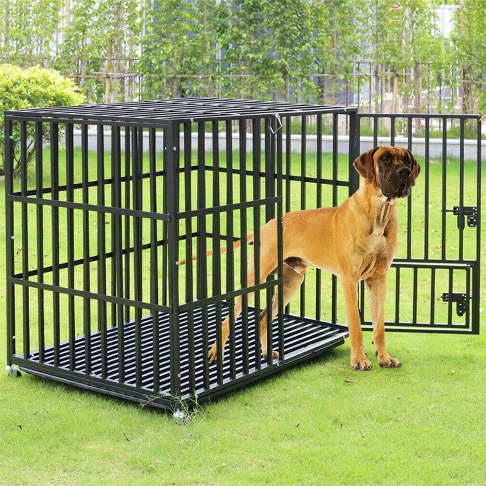 Caixa Grande Reforçada para Cães XXL Gaiola Resistente para Animais de Estimação Tubo Quadrado de Metal Canil Cercadinho com Rodas Traváveis e Bandeja