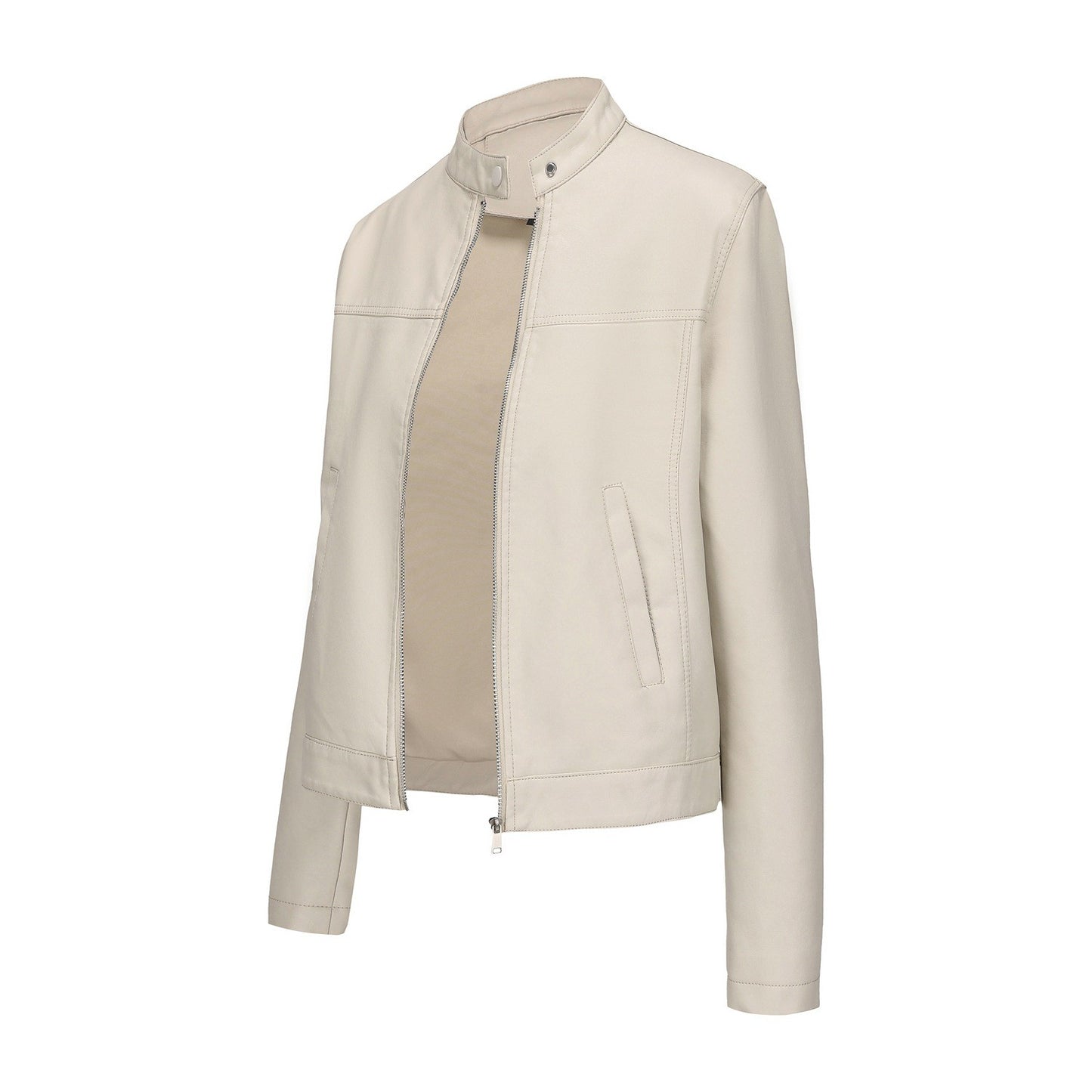 Black Women's Fitted Leather Jacket with Front Zipper & Side Pockets?, Available in Brown, Navy Blue, and Beige.