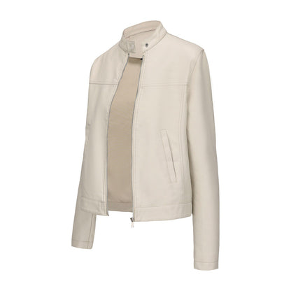 Black Women's Fitted Leather Jacket with Front Zipper & Side Pockets?, Available in Brown, Navy Blue, and Beige.