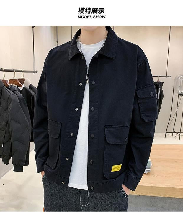 Men's Casual Jacket Spring Autumn Button Lapel Work Coat New Solid Color Multi-pocket Tops Men Fashion High Quality