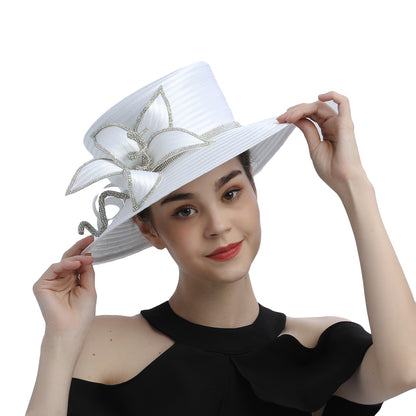 Deluxe New White Church Hat Party Banquet Satin Cloth Photography Hats Premium Chains Formal Hat Flower Top Cap For Women Ladies