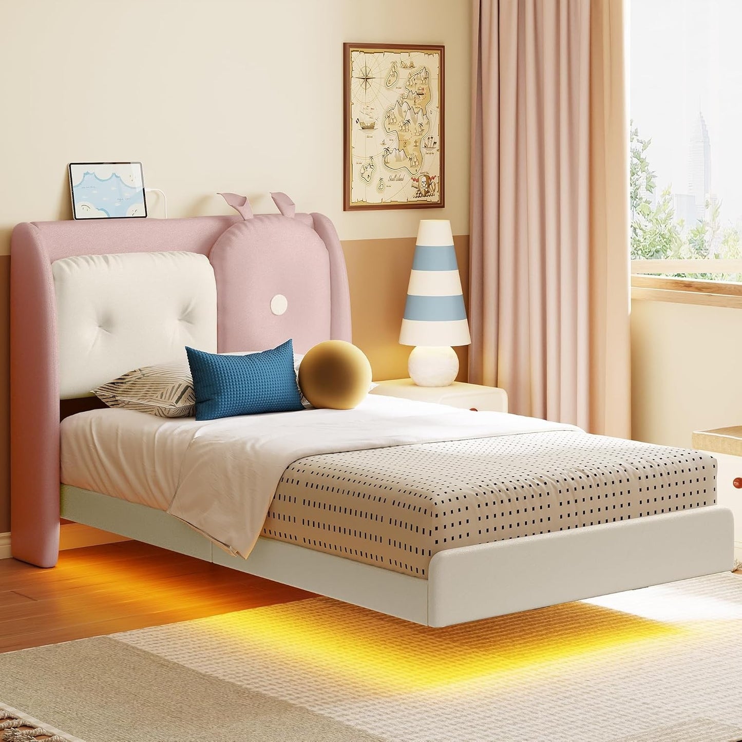 Twin Floating Bed Frame, Platform Bed Frame with Leather Upholstered Headboard, Charging Station & LED Light, Solid Wood