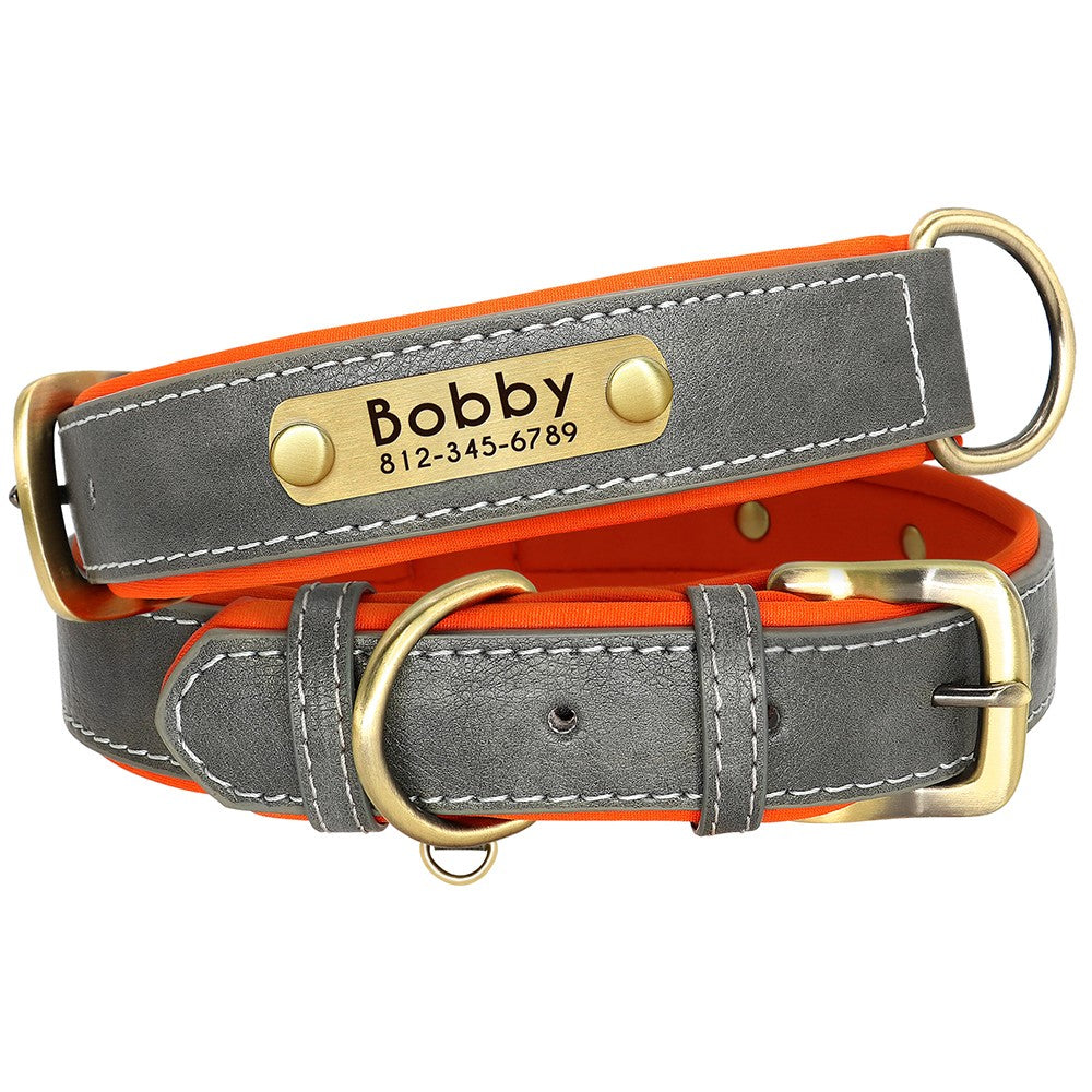 Conjunto Personalizado de Coleira e Guia de Couro para Cães Coleira de Couro Acolchoada Macia para Cães de Pequeno, Médio e Grande Porte com Placa de Identificação Grátis