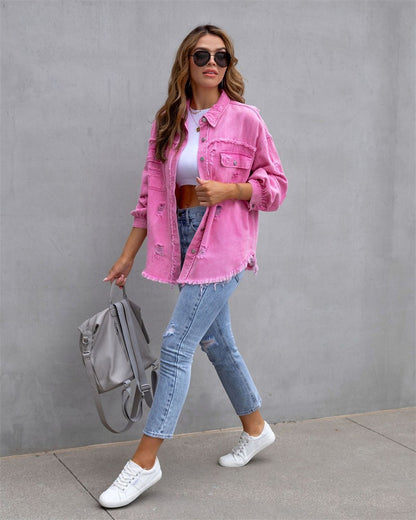 2023 Holes Raw-edges Denim Jacket Women Spring Autumn Shirt Style Jeancoat Casual Top Rose-Red Orange Purple Outerwear Lady Coat
