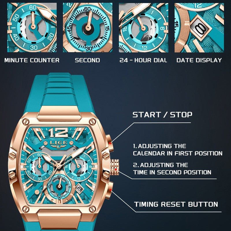 LIGE Sports Man Watch Tonnea Hollow Design Quartz Men Wristwatches Chronograph Waterproof Luminous Silicone Strap Watches Male
