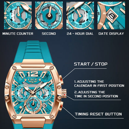 LIGE Sports Man Watch Tonnea Hollow Design Quartz Men Wristwatches Chronograph Waterproof Luminous Silicone Strap Watches Male