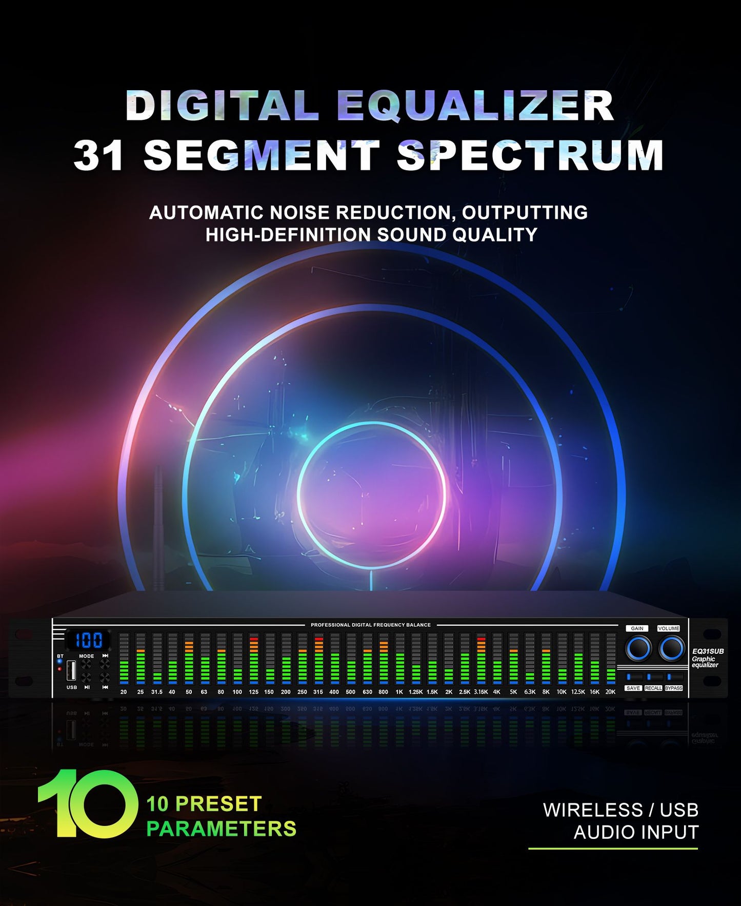 EQ31SUB Digital Equalizer 31 Stage Tuner Professional Stage Performance Noise Reduction Audio Processing