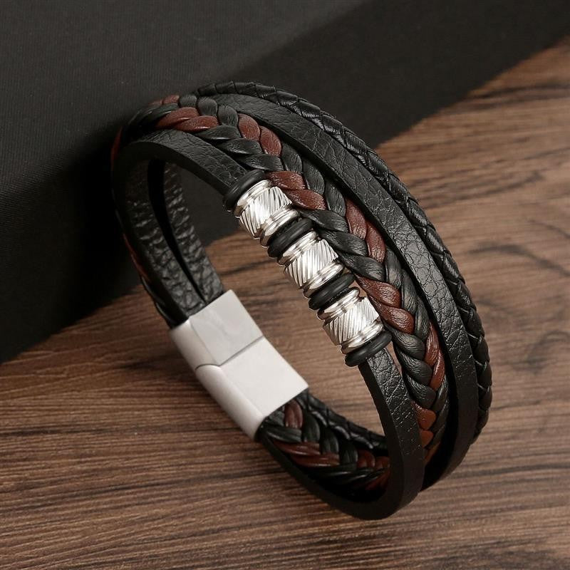 Pulseira de Couro Masculina Punk com Fecho Magnético de Aço Inoxidável Trançado em Camadas Envoltório de Couro Pulseiras Presente Joias Masculinas