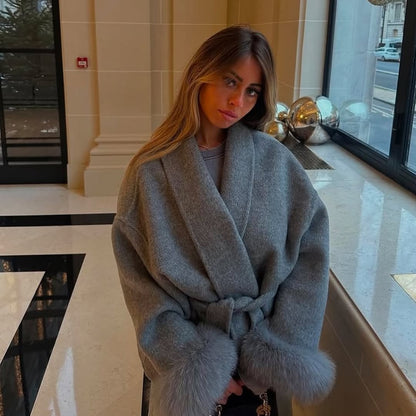 Casual Fur Patchwork Lace Up Woolen Coat Women Elegant V-neck Full Sleeve Loose Outerwear Lady Autumn Daily Commute Street Coats