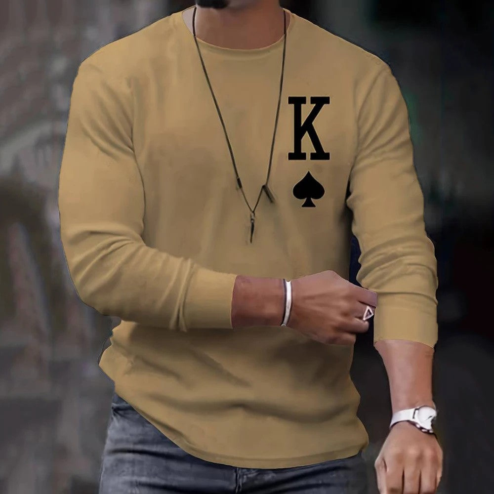 2024 New Arrival Fashion Men's Long Sleeve T-shirts Poker Printed Loose O-neck Tops Oversized Daily T Shirt For Men