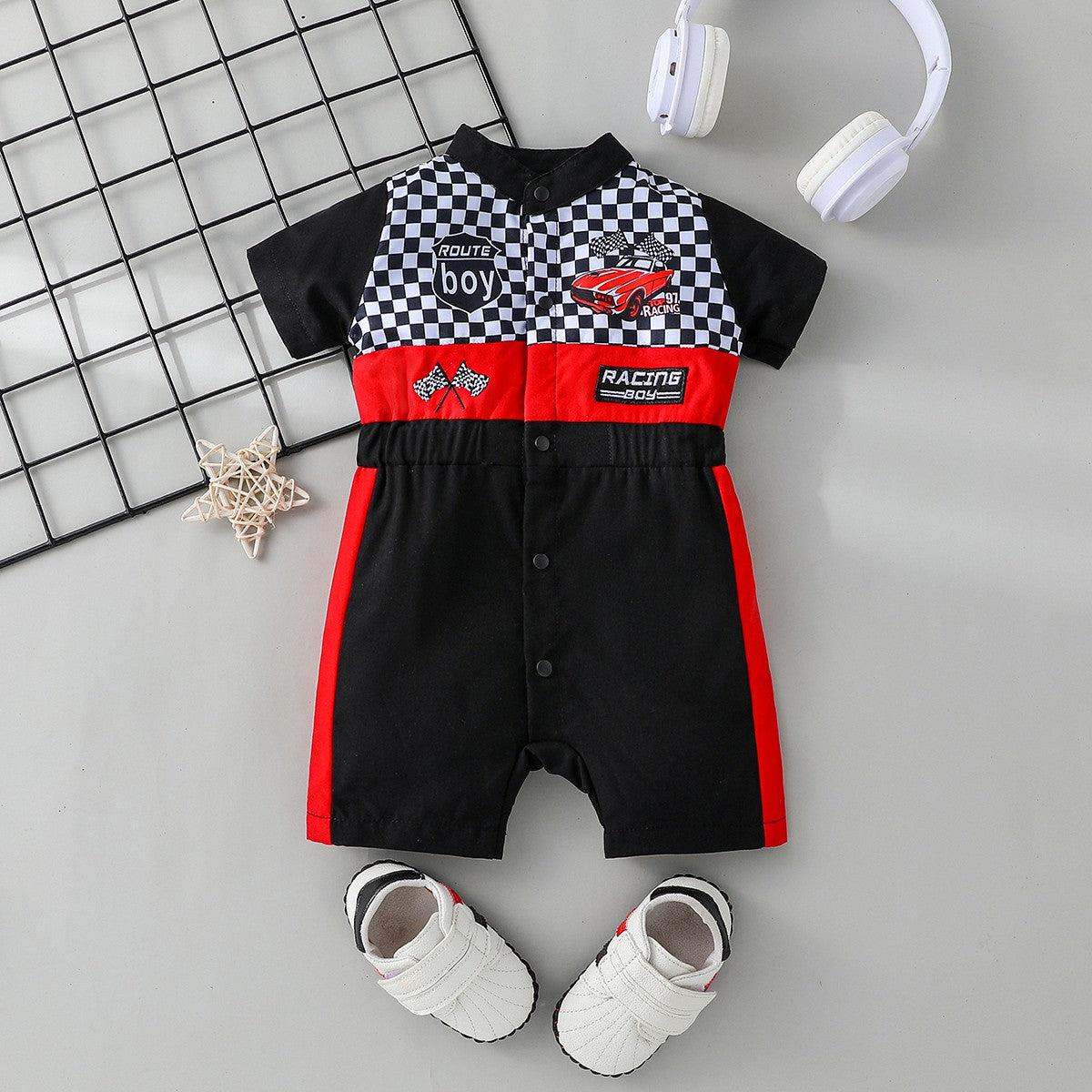 Newborn Baby Boy Styling Suit Mini Racer Outfit with Embroidered Stand Collar and Zipper Denim Overalls